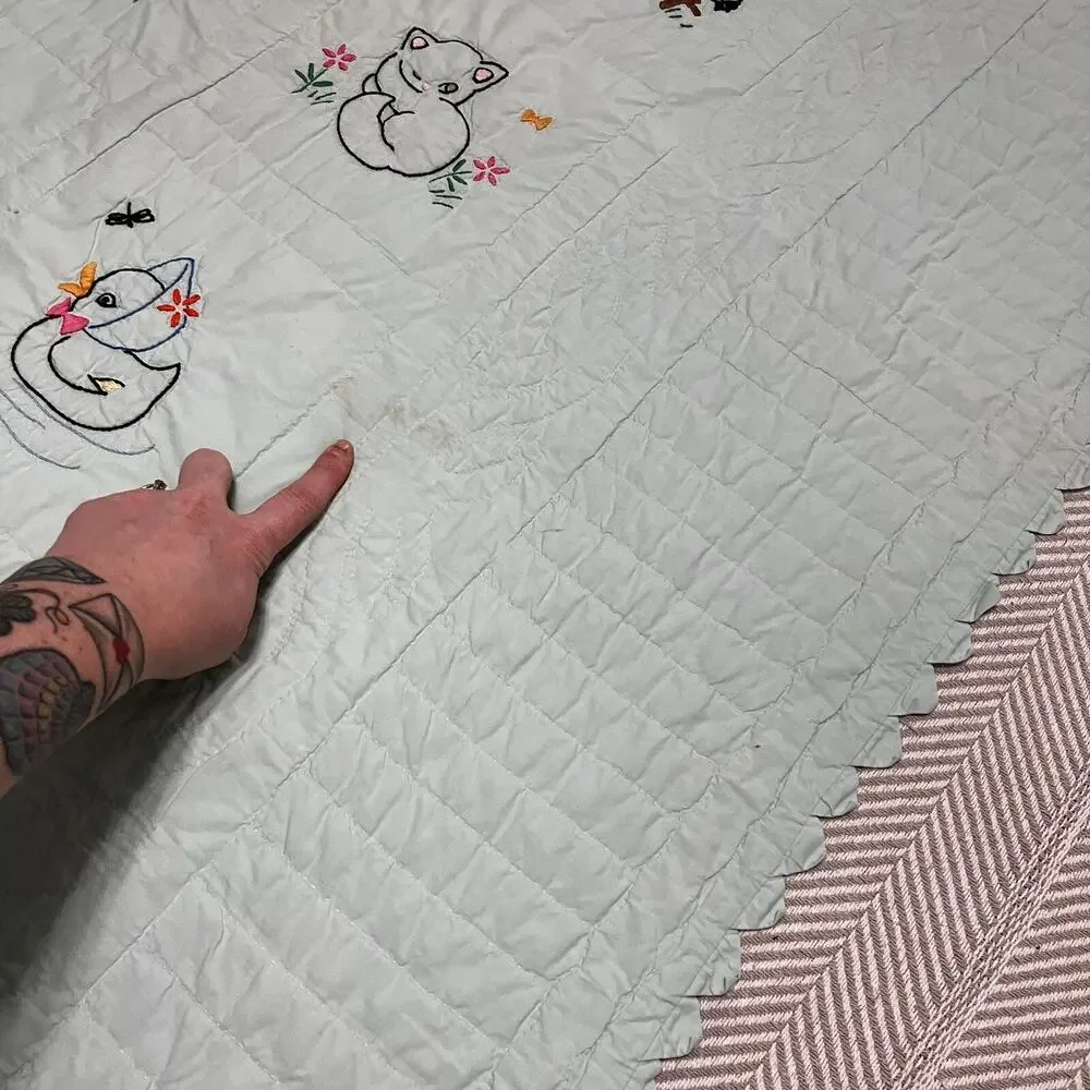 Hand Embroidered Quilt Childrens Mint Green Mid Century Baby Animals 38x68